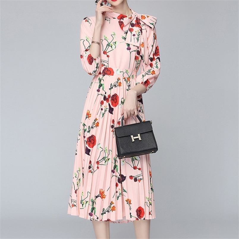 

Runway Design Women 2 piece set Spring Sweet Rose Flowers Print Bow Shirt + High Waist Pleated Midi Skirts Suit Female 210519, Photo color