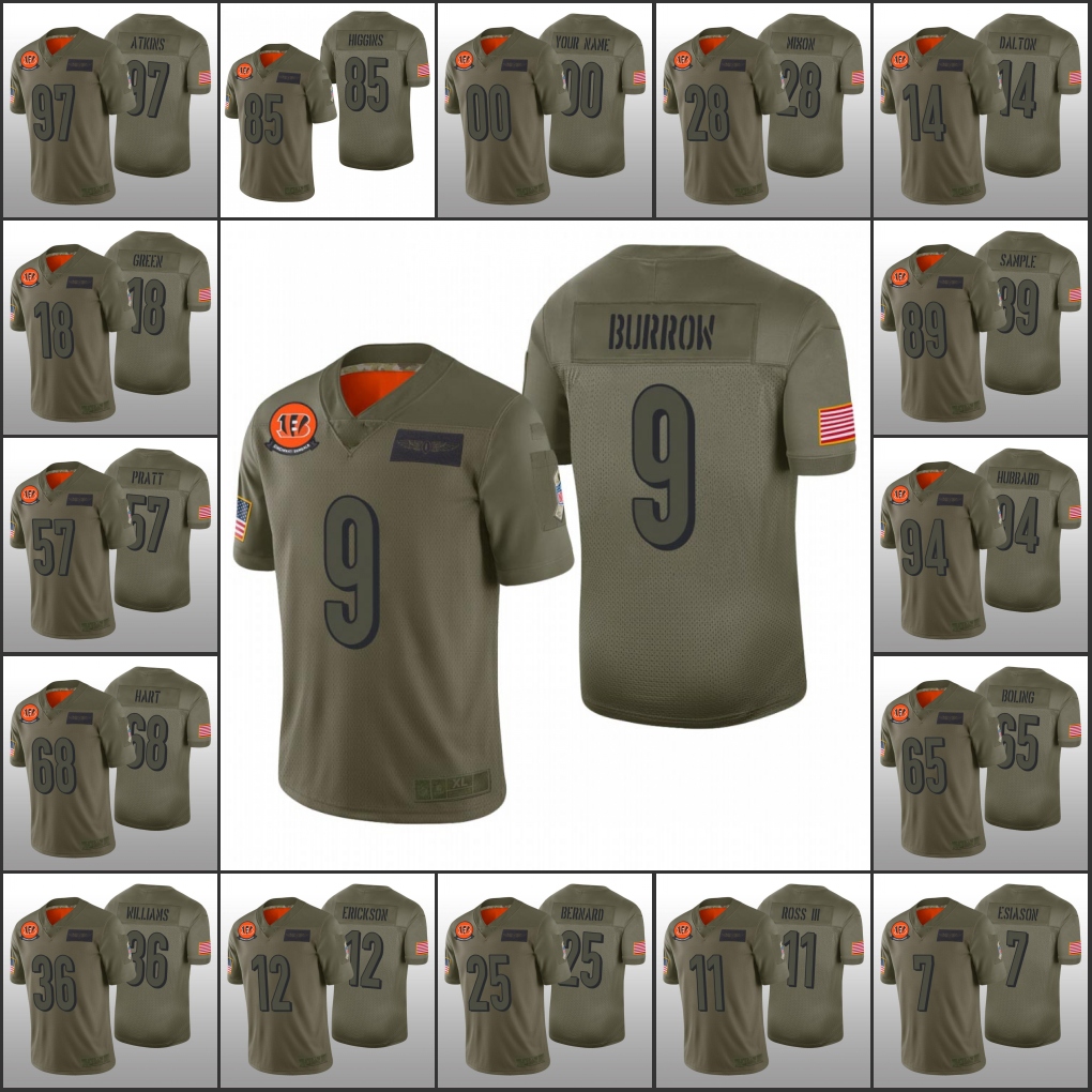 

CincinnatiBengalsMen #9 Joe Burrow 85 Tee Higgins 28 Joe Mixon Custom Women Youth Salute to Service Camo Limited Jersey
