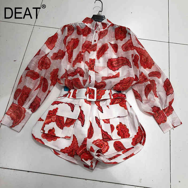 

Summer Fashion Casual Patchwork Loose Print Long Lantern Sleeve Shirt Shorts Two Piece Set Women SD366 210525, Red