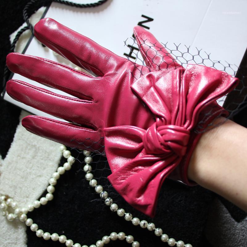 

Ladies Real Lambskin Gloves Lovely Bow Lace Trim Lining Driving Short Rose-red Black Green Purple Women's Glove1