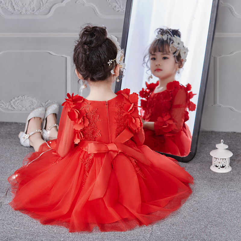 

Girl's Summer Cute Baby Girl Party Dress Birthday Wedding Princess Floral Clothes Children Kids Dresses For Girls Long Sleeve C0223, Pink