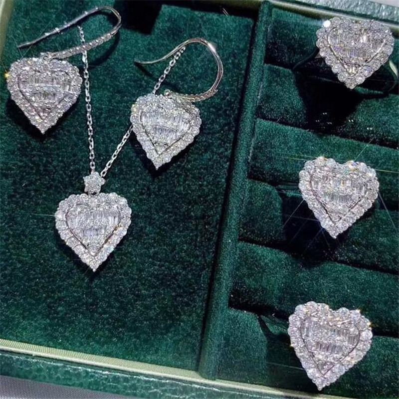 

2021 Choucong Cocktail Luxury Jewelry Set 925 Sterling Silver Full T Princess Cut Topaz CZ Diamond Heart Pendant Earring Women Ring Wedding Clavicle Necklace Gift