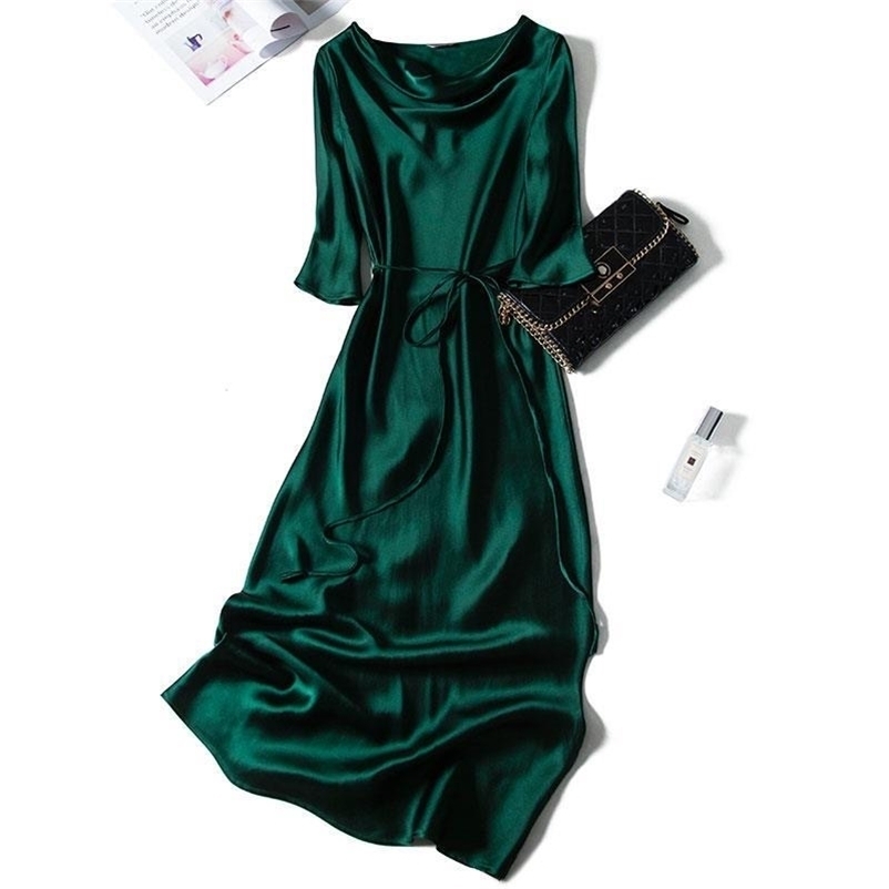 

High Quality Women Solid Color Satin Maxi Dress Half Sleeve Korean Fashion Lady Summer Long Dresses Soft Smooth Vestido 210519, Black