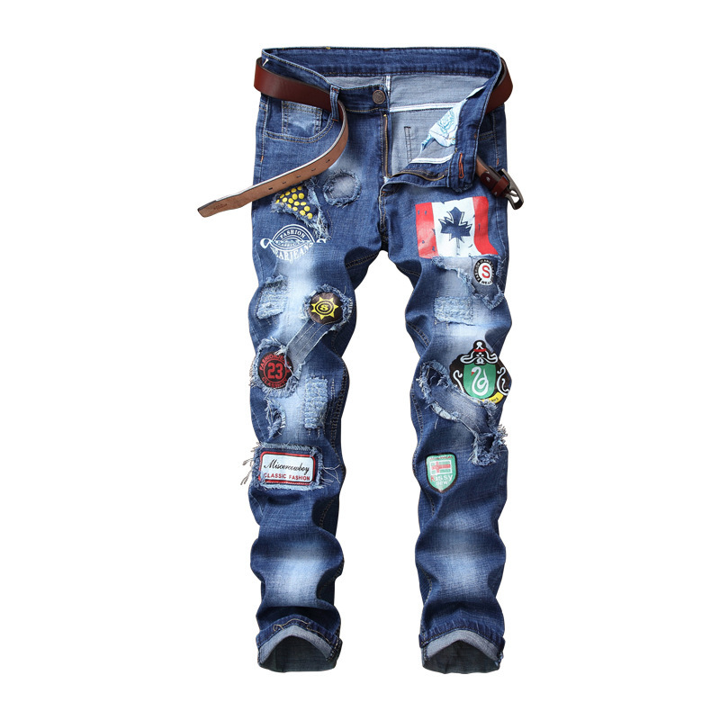 

mens jeans new distressed ripped wshaed skinny slim straight jeans fashion motorcycle moto biker patches badge denim pants, Blue