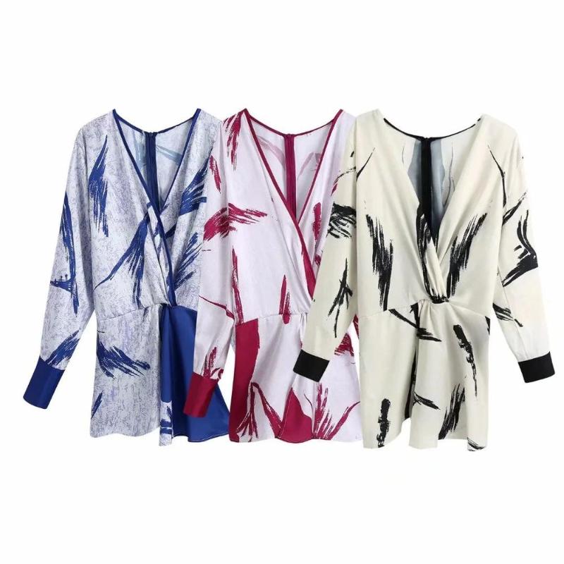 

Women's Blouses & Shirts 2021 Women Printed Blouse Long Cuffed Sleeves V-neck Elegant Fashion Chic Shirt Tops, White