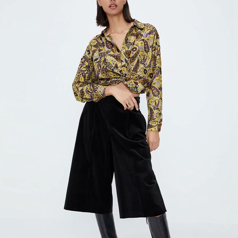 

Women Loose Floral Print Knot Blouse Turn Down Collar Puff Sleeve Casual Crop Tops Ladies Spring NX9927 210525, Yellow