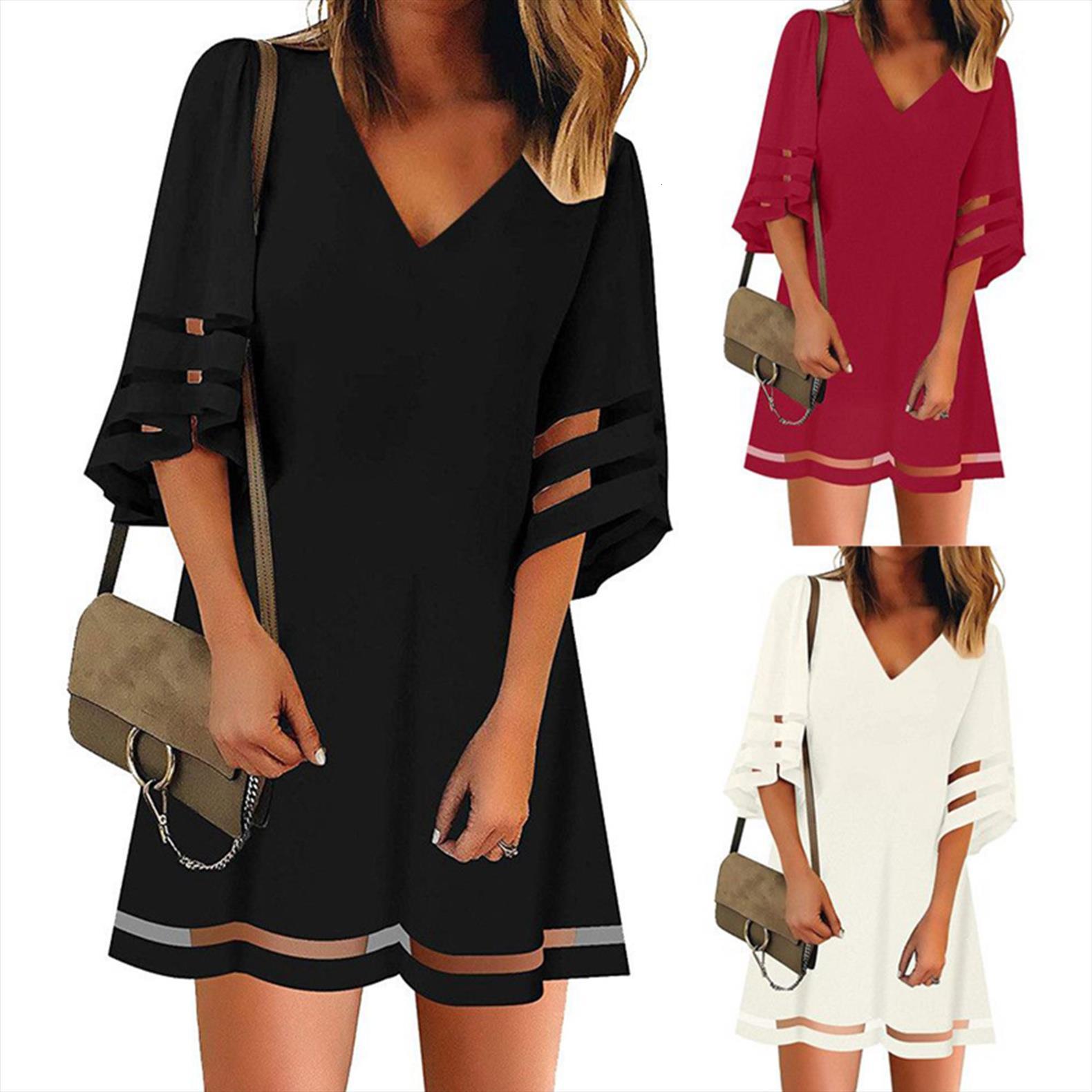 

vestidos fashion casual v neck womens dress net yarn flared sleeve solid loose summer sundress, Black;gray