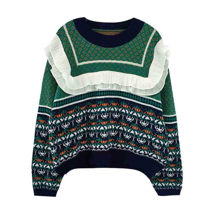 

Women Vintage Sweater Autumn Winter Patchwork Chiffon Floral Printed Sweaters Woman Pullover Tops Korean Knitted 210525, Green