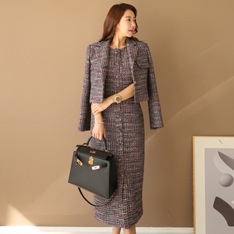 

ZAWFL Winter Women Two Piece Set Single breasted Woollen Tweed Plaid Bow Jacket Coat + Sleeveless Vest Dress Suits 210603, Picture color