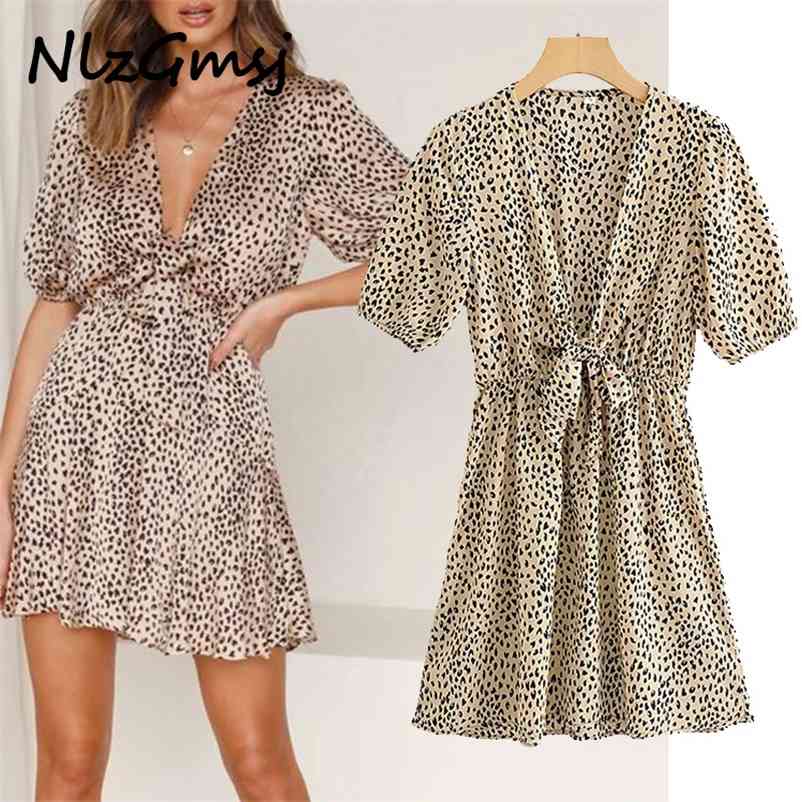 

Dres Summer Fashion V-neck High Waist Bow Short Sleeve Leopard Loose Temperament Mini 210628, As picture