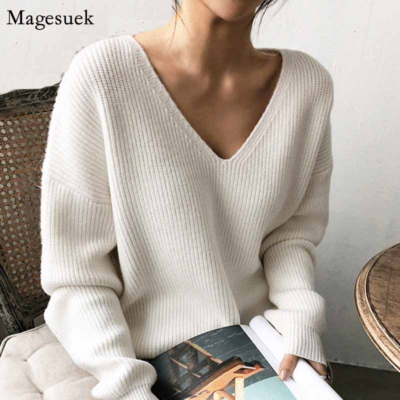 

2021 Winter Korean V-Neck Loose Solid Sweater Women Tops Plus Size Pullover Womens Knitwear Bottoming Sweater Pull Femme 10526, Black