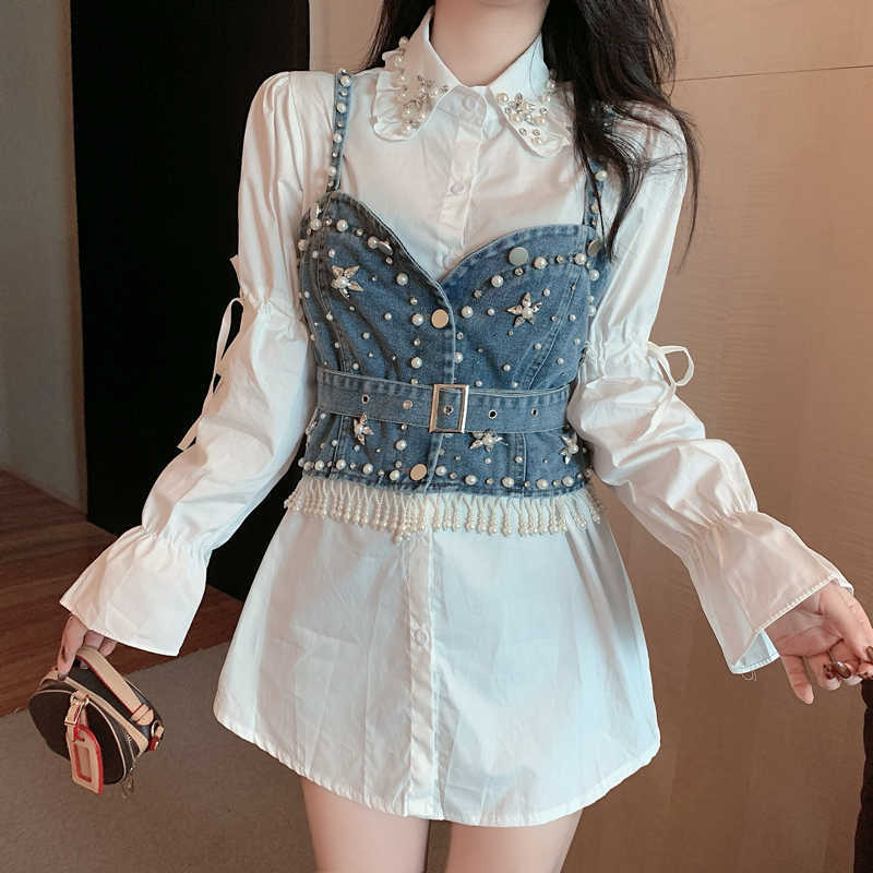 

Two Pieces Set Korea Chic Turn Down Collar Puff Long Sleeve White Shirt+Single-breasted Beading Denim Vest Sweet Suit 210526, Only black shirts