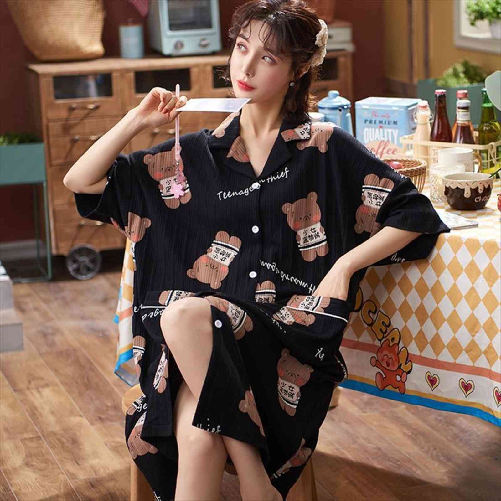 

cute cartoon nightgowns 100% cotton women sleepwear nightdress homewear summer night dress causal short sleeve pyjamas  4xl, Black;red