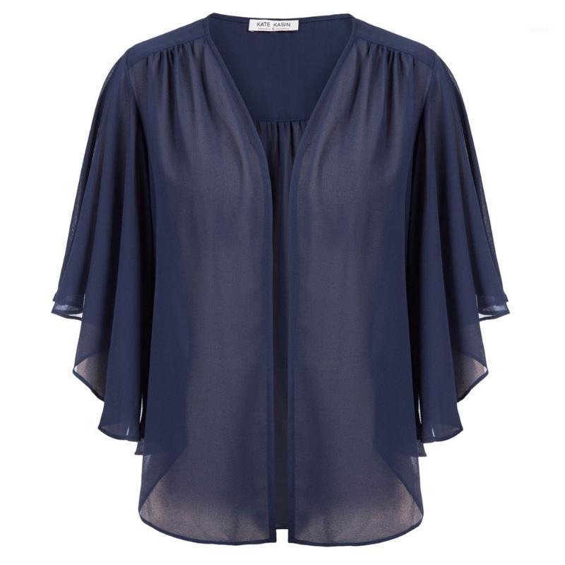 

Kate Kasin Women Chiffon Cover-up 1/2 Flounce Sleeves Open Front High-Low Shrug Solid Color Casual Tops Clothing Female Ladies, Black;brown