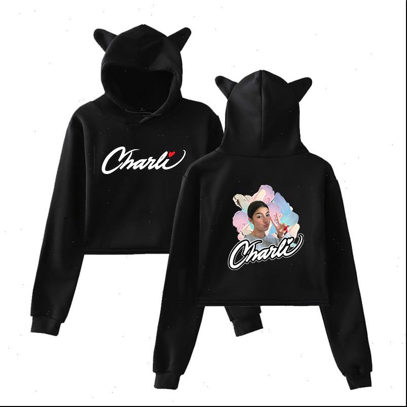 

womens hoodies charli damelio women kawaii harajuku sportswear girls cotton autumn character short hooded pullover clothes, Black