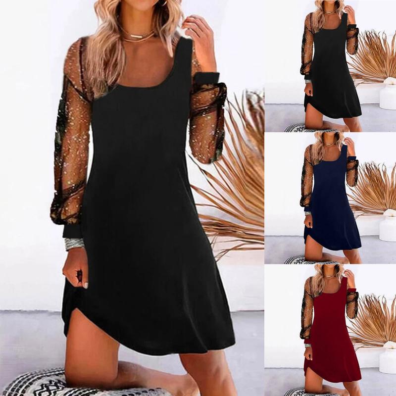 

Casual Dresses Women's Dress Sexy V-neck Lace Mesh Patchwork Long Sleeve Mini Autumn Elegant Solid Color Loose Party Robe 2022, Black;gray