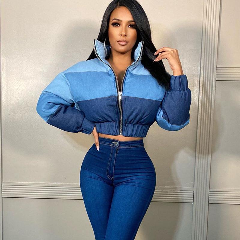 

Women' Down & Parkas Winter Thick Warm Puffer 2021 Women Fashion Cotton-Padded Gradient Color Denim Stitching Bubble Coat Short Jacket Outf, Black