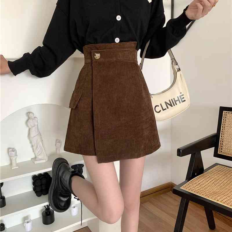 

Vintage Corduroy Skirt Woman Early Spring Ins Irregular High Waist Solid Single Button Solid Versatile Skirts, Black