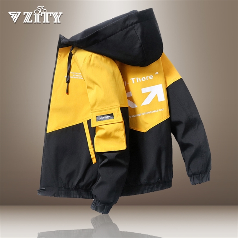

Zity Jacket Men Spring and Autumn High Street Trendy Printing Cargo Coat Stitching Color Windproof Hooded Coat Zip Up Hoodie 211029, On blue