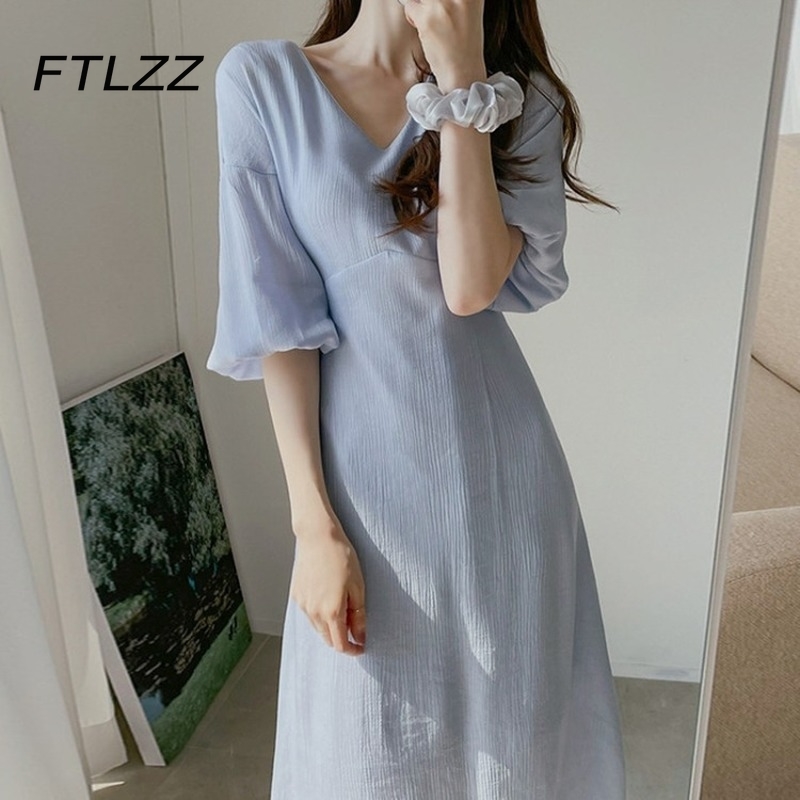 

Women French Elegant Dress Summer Sexy V-neck Pleated Dresses Woman Lace-up Vintage Lantern Sleeve A-line Long Robe Vestidos 210602, White