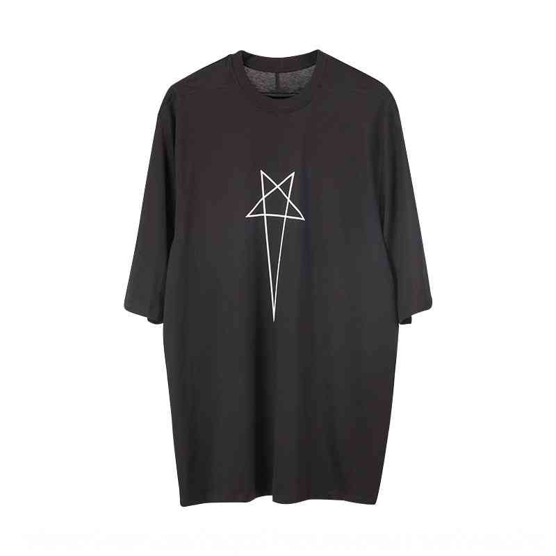 

vfEIQ Rick Owen same spring summer 2020 new long six Star printed cotton T-shirt half sleeve T-shirt for men, White;black