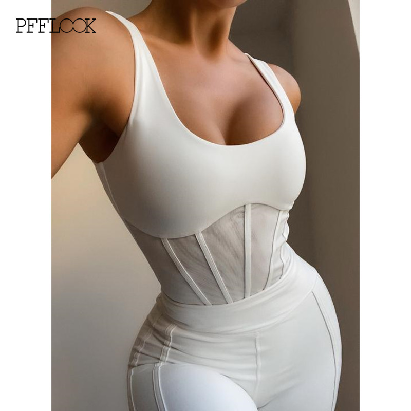 

PFFLOOK Spaghetti Strap Solid Sexy Bodysuit Women Sleeveless Cross Back Backless Skinny Jumpsuit Street Fashion Summer Rompers, White