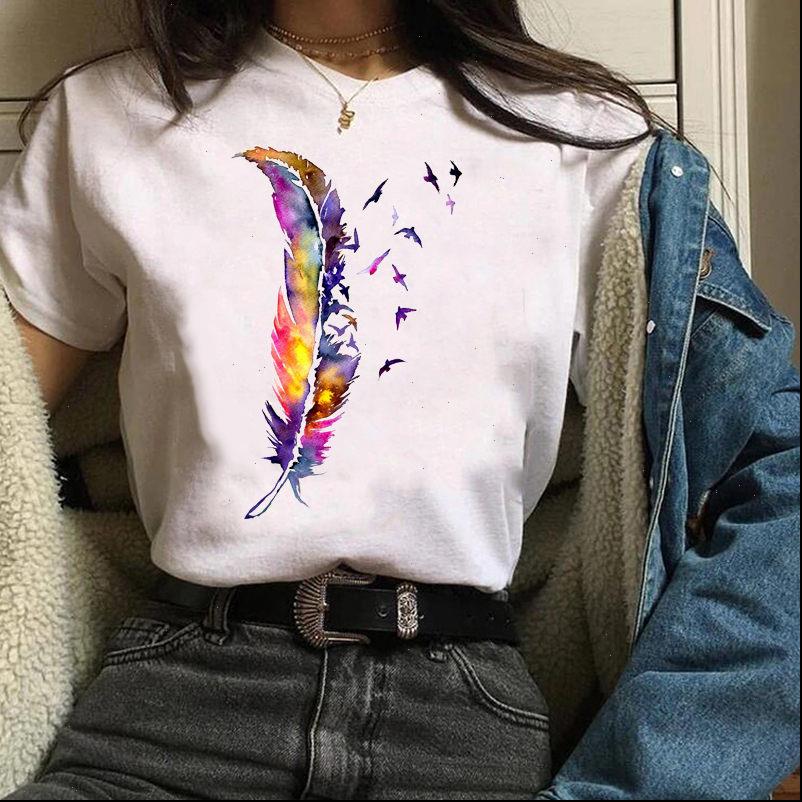

summer short sleeve graphic women t shirt aesthetic casual watercolor feather fashion 90s print clothes lady tees female, White