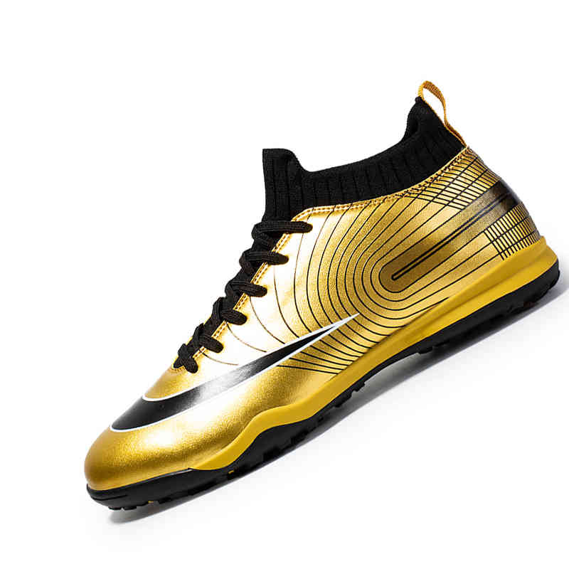 

Golden Indoor Men Boys Soccer Shoes Turf TF Football Boots High Ankle Kids Cleats Chaussure Training Sport Sneakers Size 35-45 210619