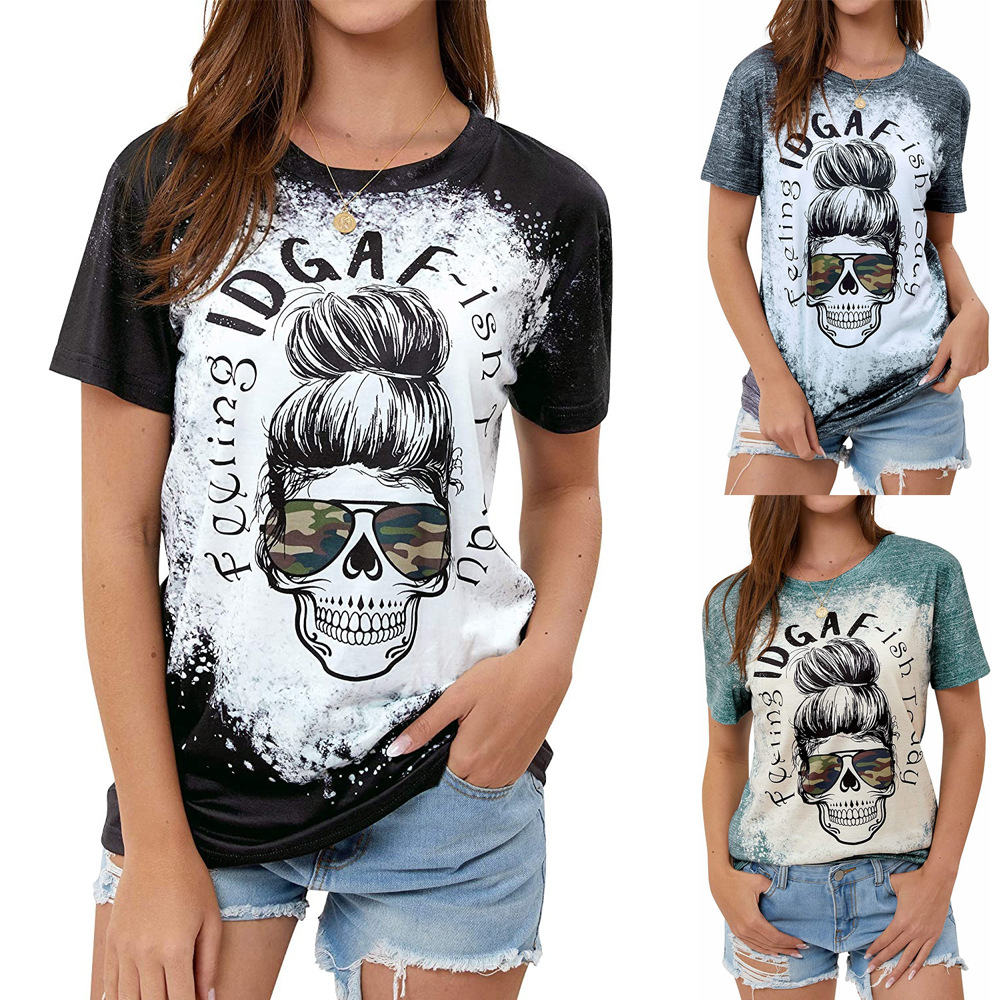 

new women's jacket european and american skull pattern printed round neck short sleeve t-shirt, White
