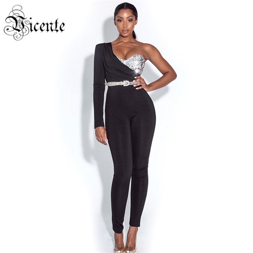 

Chic Woman Jumpsuit Silver Sequins Design Sexy One Shoulder Long Sleeve Celebrity Party Club Romper Free 210520, Beige