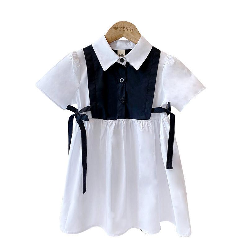 

Girl's Dresses Kids Baby Girls Summer Short Sleeve Patchwork Buttons Bow Knee-length Dress Toddler Children Fashion Clothes 3-8Y, Red;yellow