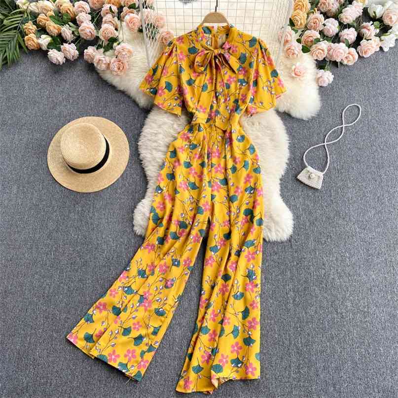 

Women Summer Jumpsuit Bowtied Collar Short Sleeve Floral Print High Waist Wide Leg Long Pants Beash Style Romper Female Clothing 210603, Black 2