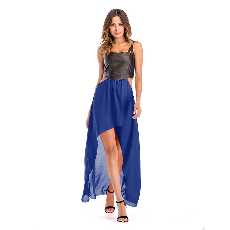 

new fashion design dresses sleeveless strapless patchwork women hi-po spliced chiffon suspender dress long skirt, Black;gray