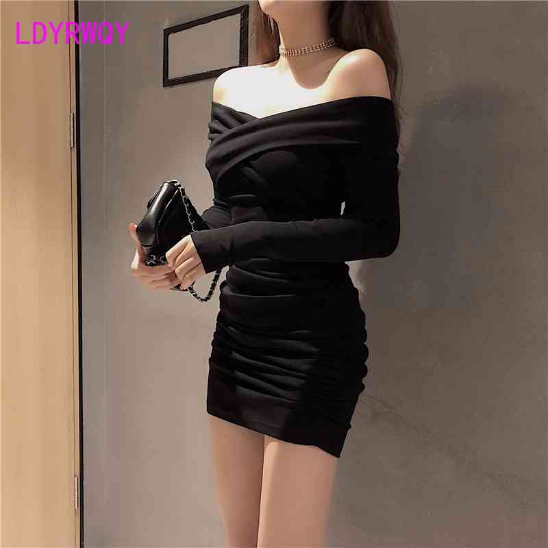 

[LDYRWQY] One-shoulder slim fit sexy bag hips waist long-sleeved women's pleated dress V-Neck Sheath Office Lady 210603, Black