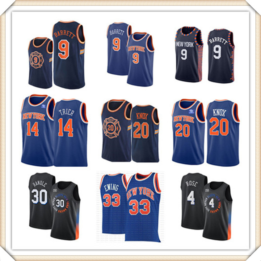 

RJ 9 Barrett Jersey Derrick 4 Rose Julius 30 Randle Allonzo 14 Trier Patrick 33 Ewing Basketball Jerseys men