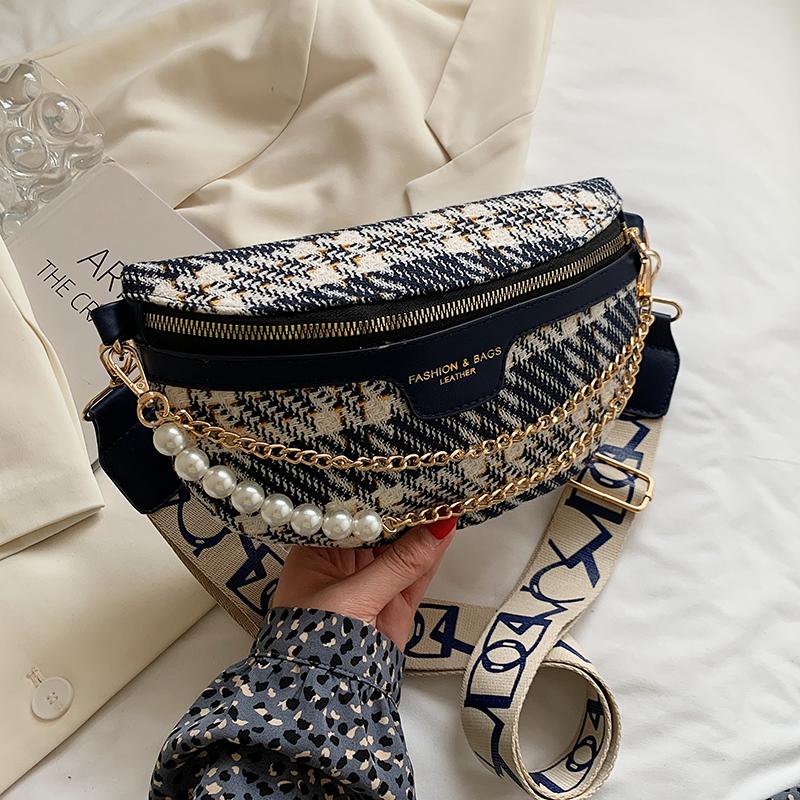 

Evening Bags Fashion Woolen Cloth Small Plaid Crossbody Women Shoulder Phone Purse And Handbags For Ladies Beading Handle Waist Packs, Dark blue