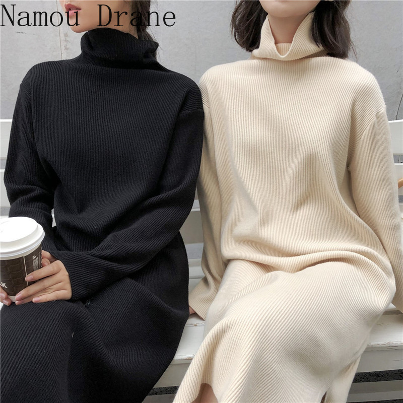 

autumn winter loose long sleeve knitted dress women vintage solid Turtleneck slim Split a-Line dresses female 210429, Black