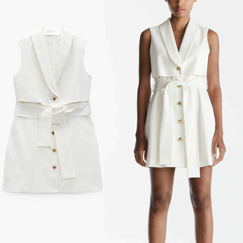 

ZA Summer Belted Vest Dress Women Sleeveless Waistcoat Office Lady Mini Dresses Fashion Button Up Woman White Fit Dress 210602
