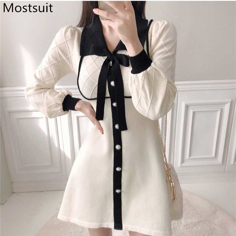 

Vintage Elegant Knitted Women Mini Dress Spring Long Sleeve Bow Single-breasted A-line Korean Ladies Fashion Vestidos 210518, Apricot