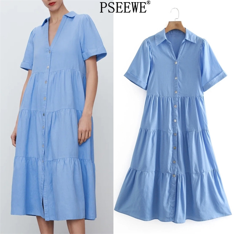 

Dress Blue Ruffle Long es Women Casual Short Sleeve Woman Summer Fashion Loose Button Up Shirt 210519