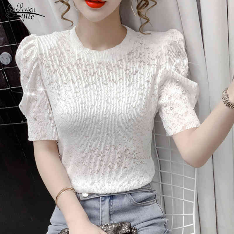 

Summer Lace Women' Blouse High-quality Korean Short Sleeve Fashion Round Collar Shirt Floral Hollow Loose Tops 14189 210521, Pink