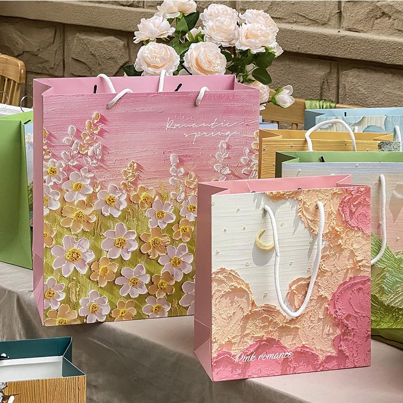 

Christmas Decorations Oil Painting Gift Bag Creative Literary Tote Student Storage Holiday Exquisite Birthday Packaging Paper Kids
