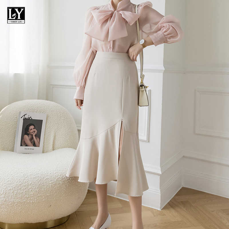 

LY VAREY LIN Spring Summer Casual Female Solid Color Irregular Medium Ruffles Trumpet Skirts Women Chic High Waist Mermaid Skirt 210526, Green
