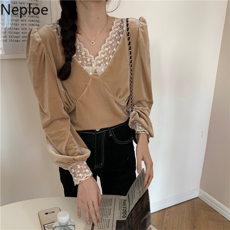 Neploe Sping Blouses Women Lace V-neck Black Shirts Tops Puff Sleeve Velvet Elegant Blouse Fashion Vintage Blusas Mujer 210422