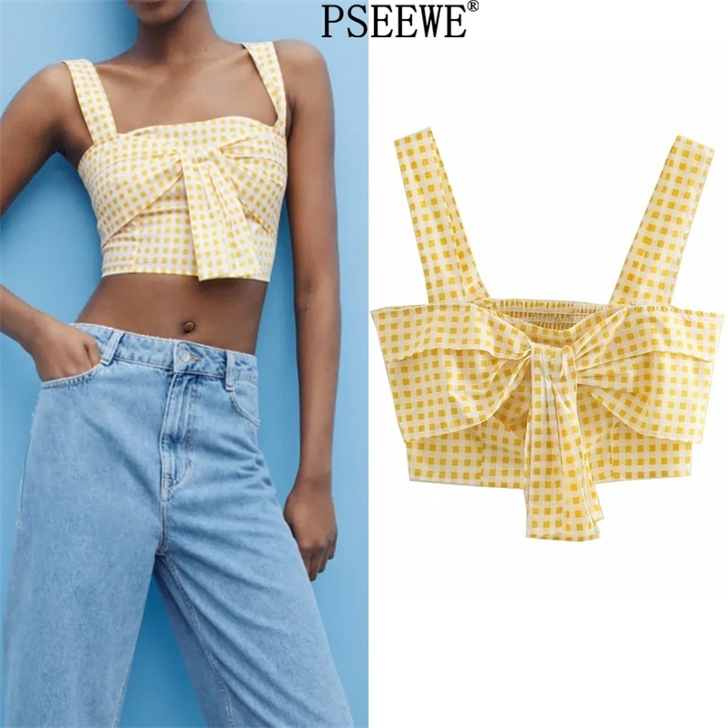 

Summer Crop Top Woman Yellow Bow Plaid Tank Female Fashion Elastic Back Wide Straps Sexy Women s Camis 210519
