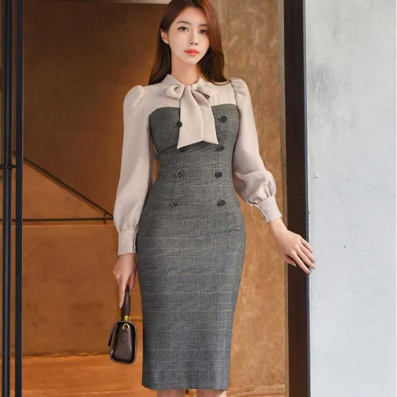 

Spring Women Fashion Slim Plaid Patchwork Puff Sleeve Dress Office OL Bow Collar High Waist Lady Pencil 210526, Black