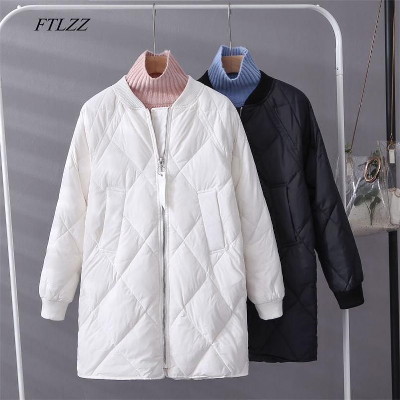 

FTLZZ Winter Women White Duck Down Parka Light Loose Zipper Baseball Uniform Jacket Female Casual Long Outwear, Black