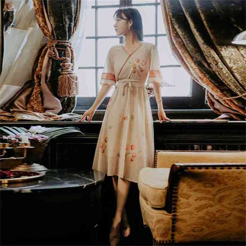 

Mid-calf Dresses Summer Women Print Voile Vintage V-neck Half Sleeve Tunic Chinese Style Party Elegant 210603, Blue