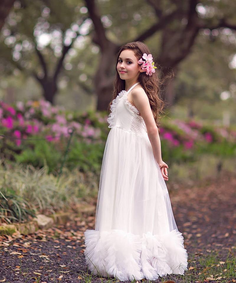 

Girl's Dresses Flower Girls Dress Boho Ivory Tulle Halter Neckline Backless Long Floor Length Formal Children Wear Holy Communion Vestidos, White