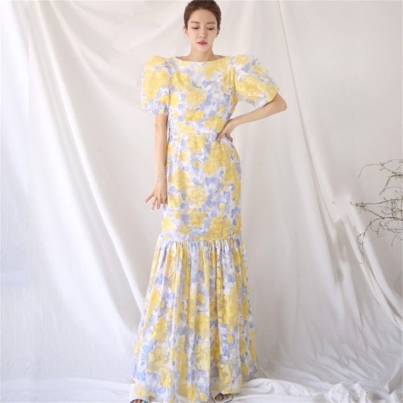 

Korean Vintage O Neck Puff Sleeve Floral Slim Long Dress Temperament Sweet Women Bodycon Ruffles Mermaid Vestidos Femme 210519, Yellow